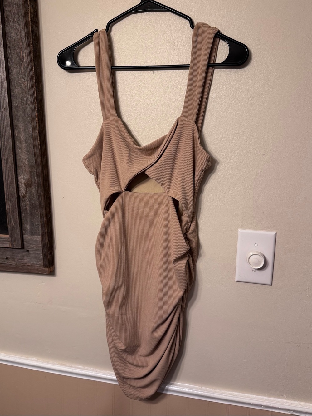 Ruched Cutout Mini Dress in Taupe